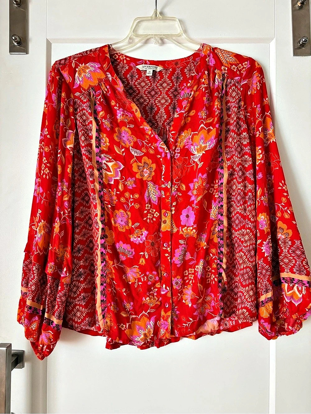 Liverpool Floral Blouse in Red & Pink Size 2X